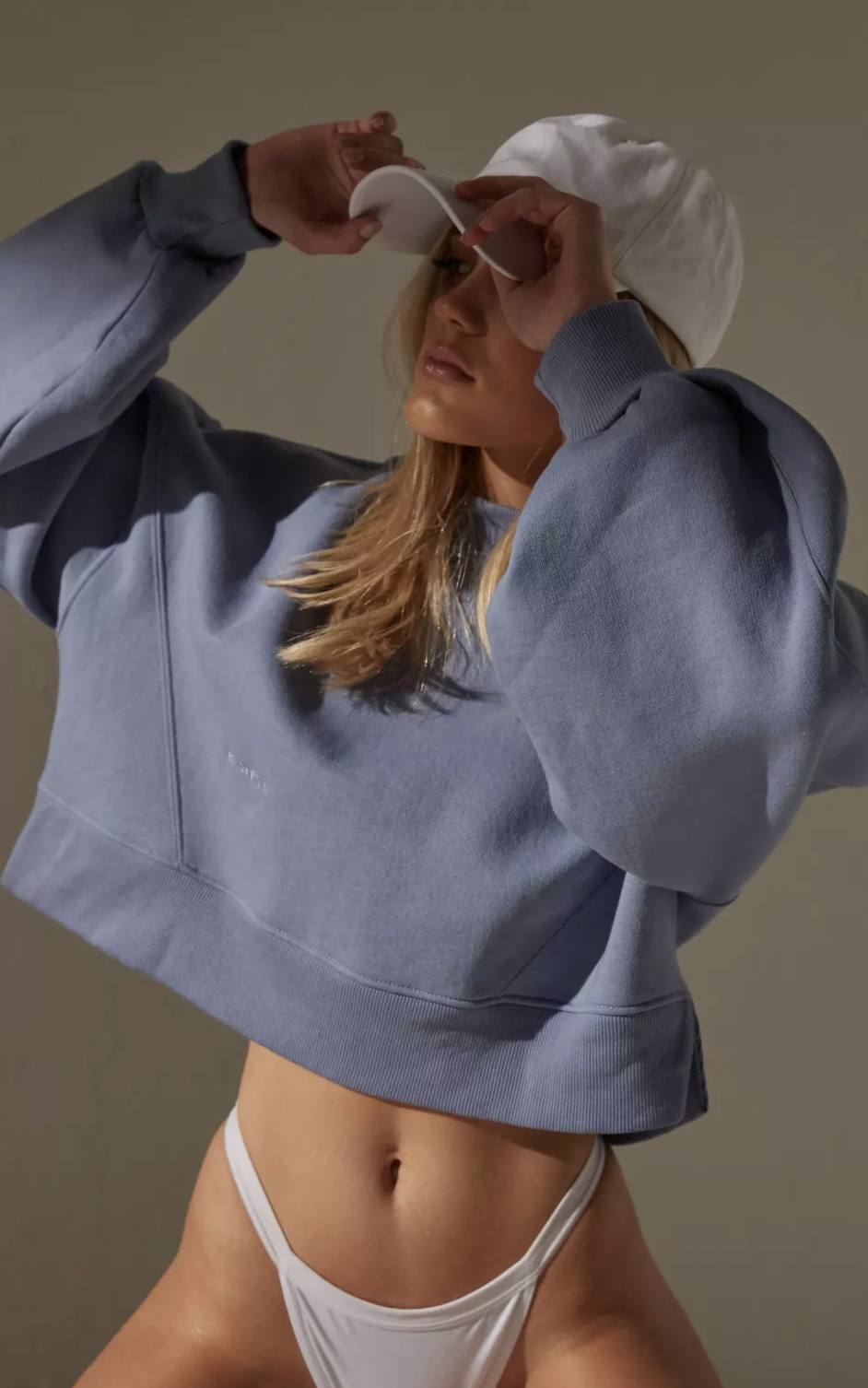 re_styld blue seam front cropped sweatshirt