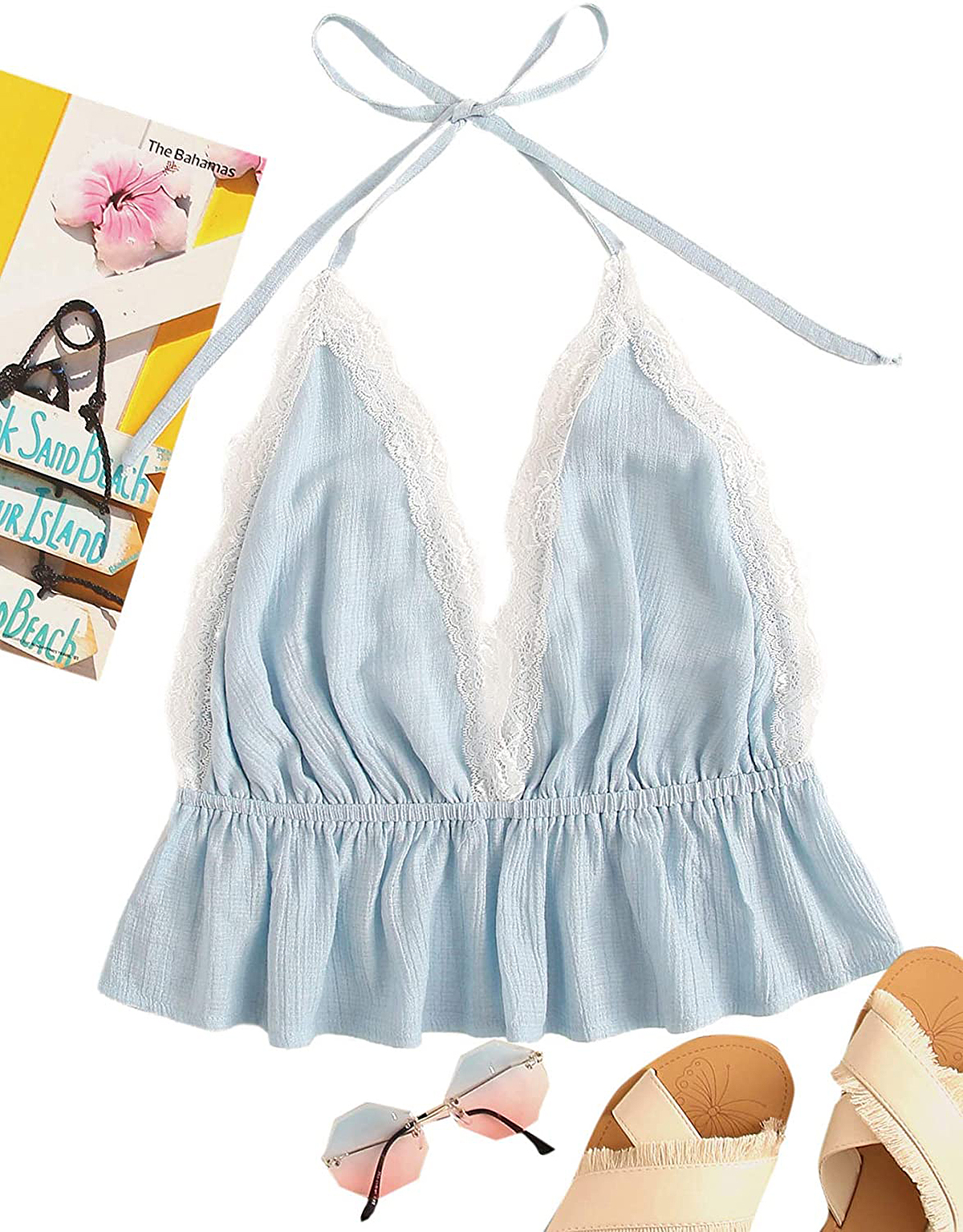 SweatyRocks Deep V Neck Halter Crop Cami Top