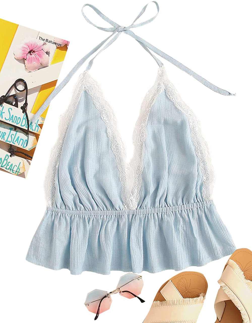 SweatyRocks Deep V Neck Halter Crop Cami Top