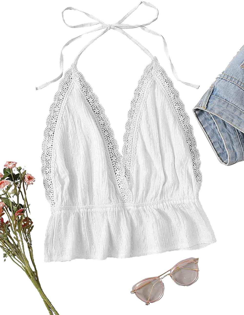 SweatyRocks Deep V Neck Halter Crop Cami Top