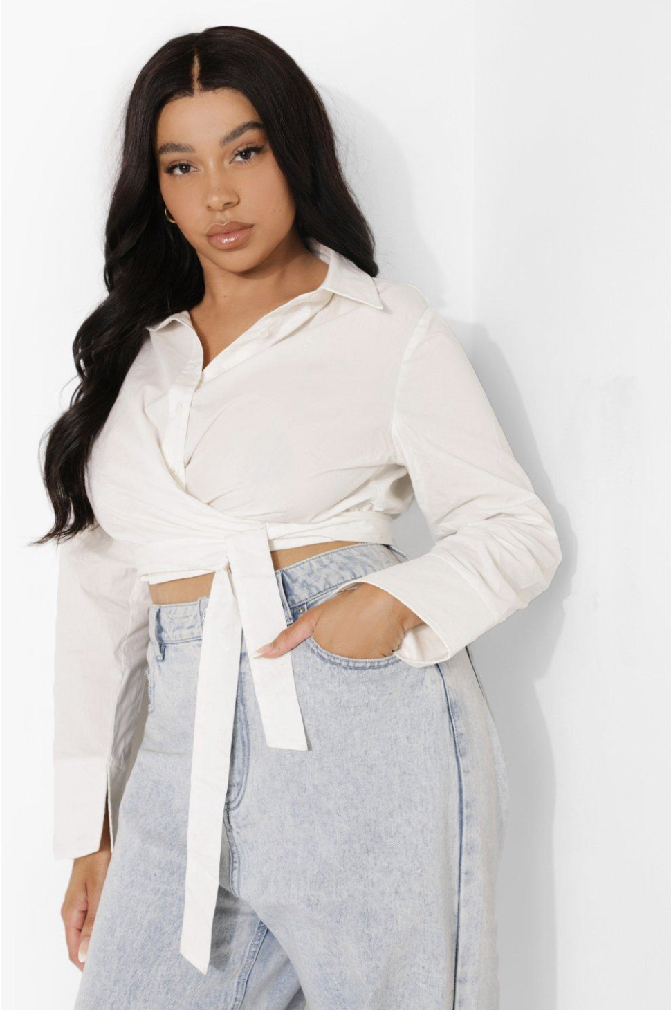 Plus Satin Belt Crop Shirt