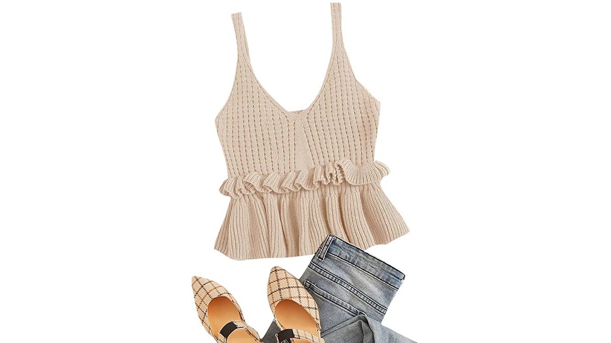 SweatyRocks Women's Casual Knit Sleeveless Ruffle Hem V Neck Peplum Crop Tank Top