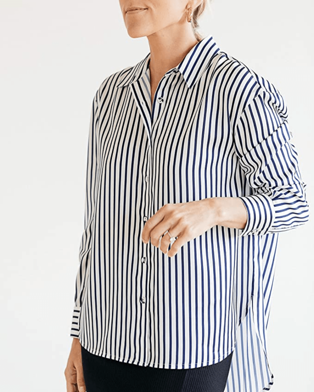 The Drop Women's Navy and White Stripes High-Low Button-Down Shirt by @jaceyduprie