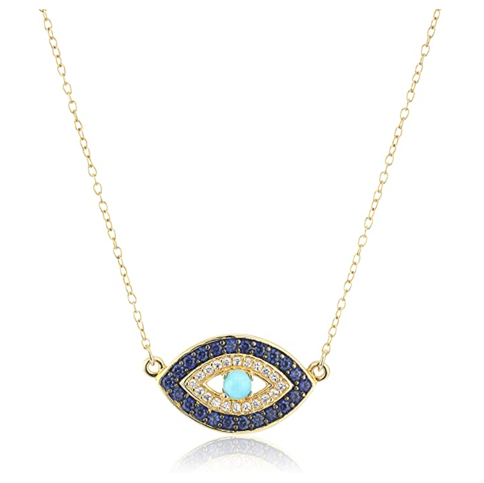 Amazon Collection 18k Yellow Gold Plated Sterling Silver Stabilized Turquoise with Created Blue and White Sapphire Evil Eye Necklace