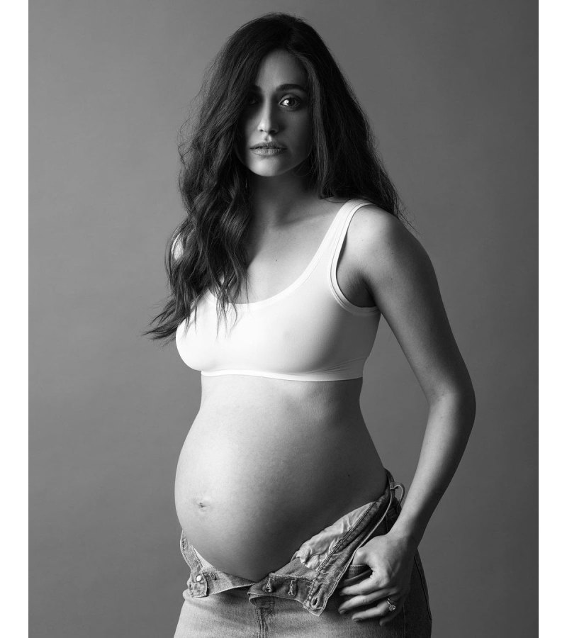 Emmy Rossum Secretly Welcomes Baby Girl With Husband Sam Esmail Black and White Pregnant