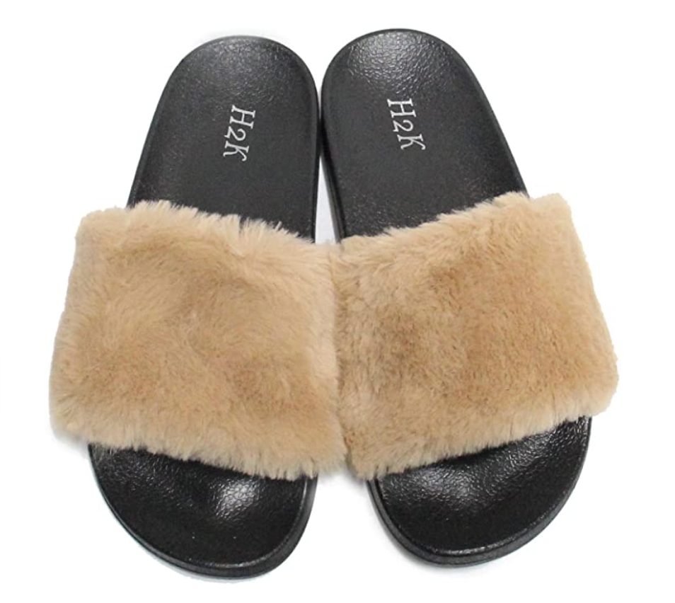 H2K Women's Fluff Furry Ultra Soft Fur Slides Slippers