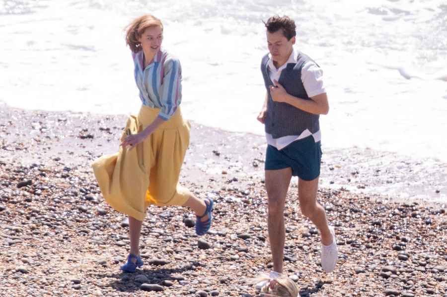 Harry Styles Emma Corrin and David Dawson Skip Down the Beach on My Policeman Set 5
