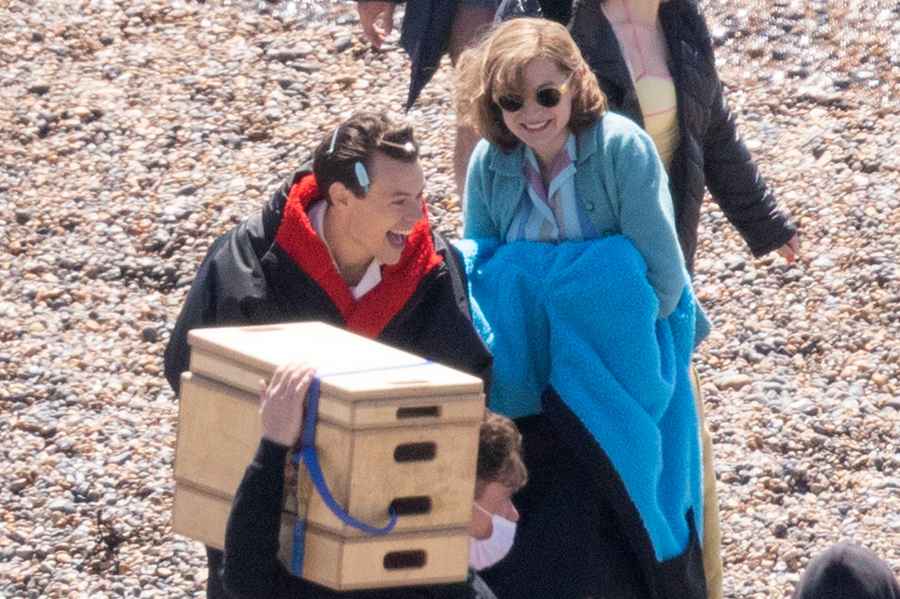 Harry Styles Emma Corrin and David Dawson Skip Down the Beach on My Policeman Set 6