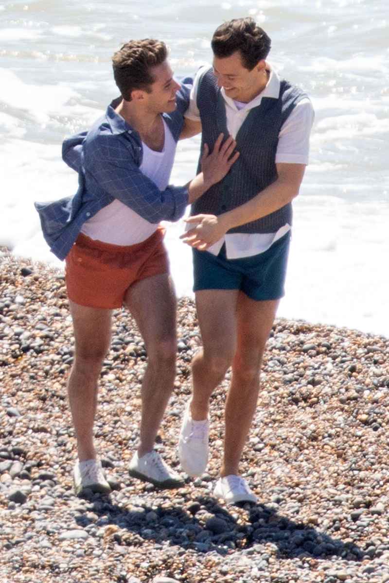 Harry Styles Emma Corrin and David Dawson Skip Down the Beach on My Policeman Set 7