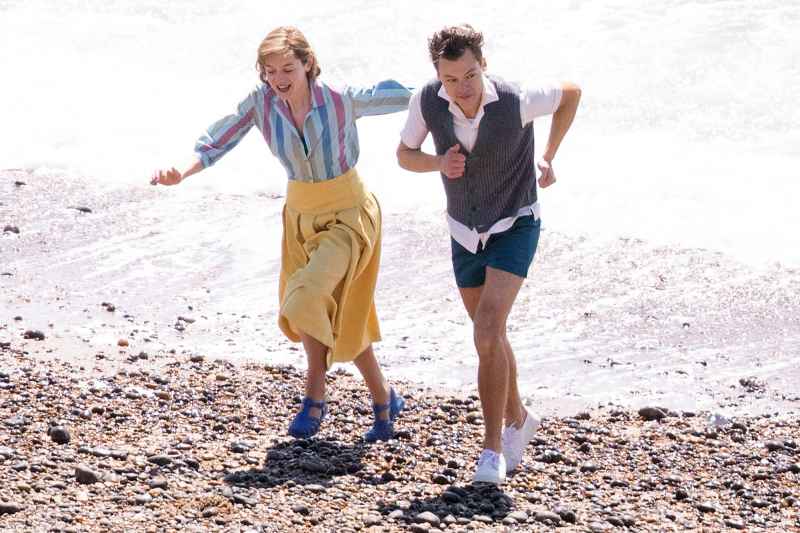 Harry Styles Emma Corrin and David Dawson Skip Down the Beach on My Policeman Set 8