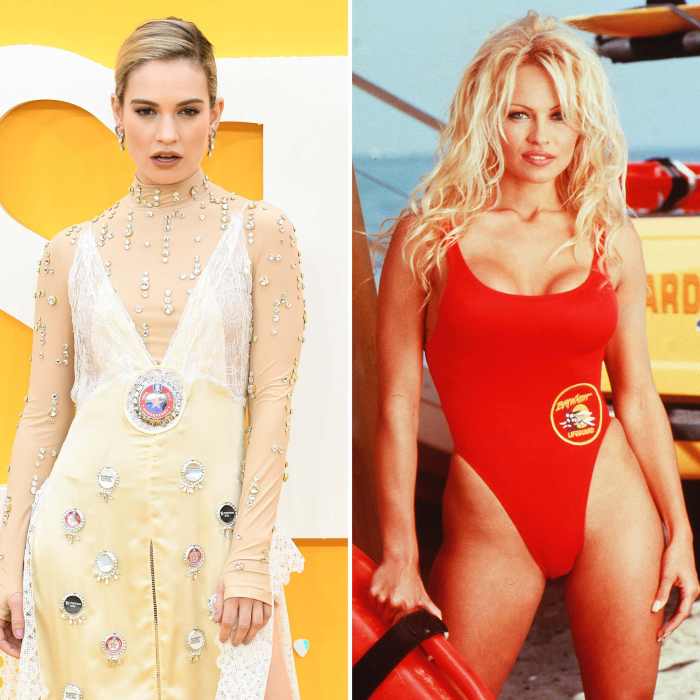 Lily James Channels Pamela Andersons Baywatch Days Iconic Red Suit