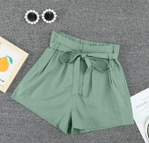 Paitluc Women's Elastic Waist Side Pockets Ruffle Linen Shorts