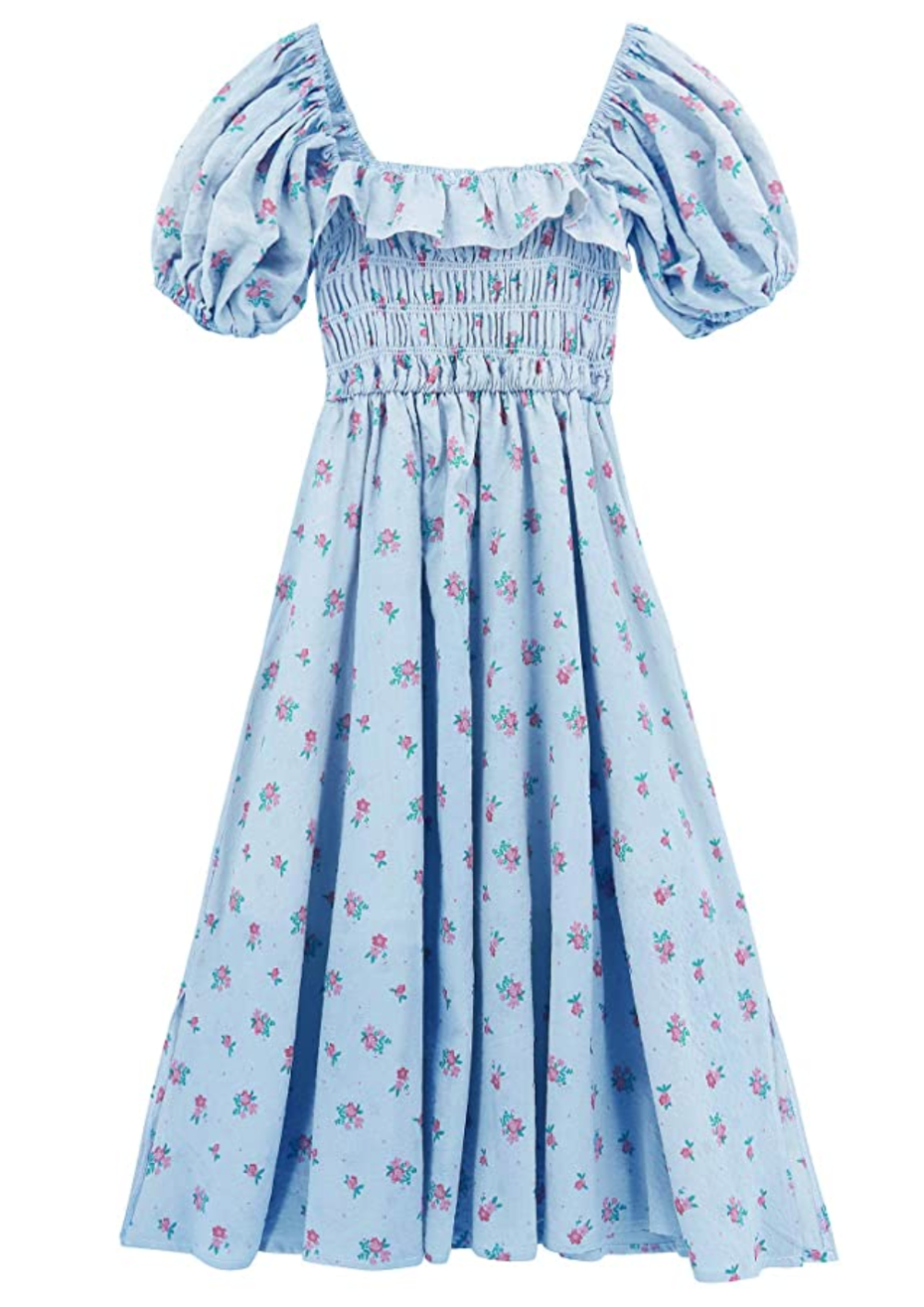 R.Vivimos Women's Summer Floral Print Puff Sleeves Vintage Ruffles Midi Dress