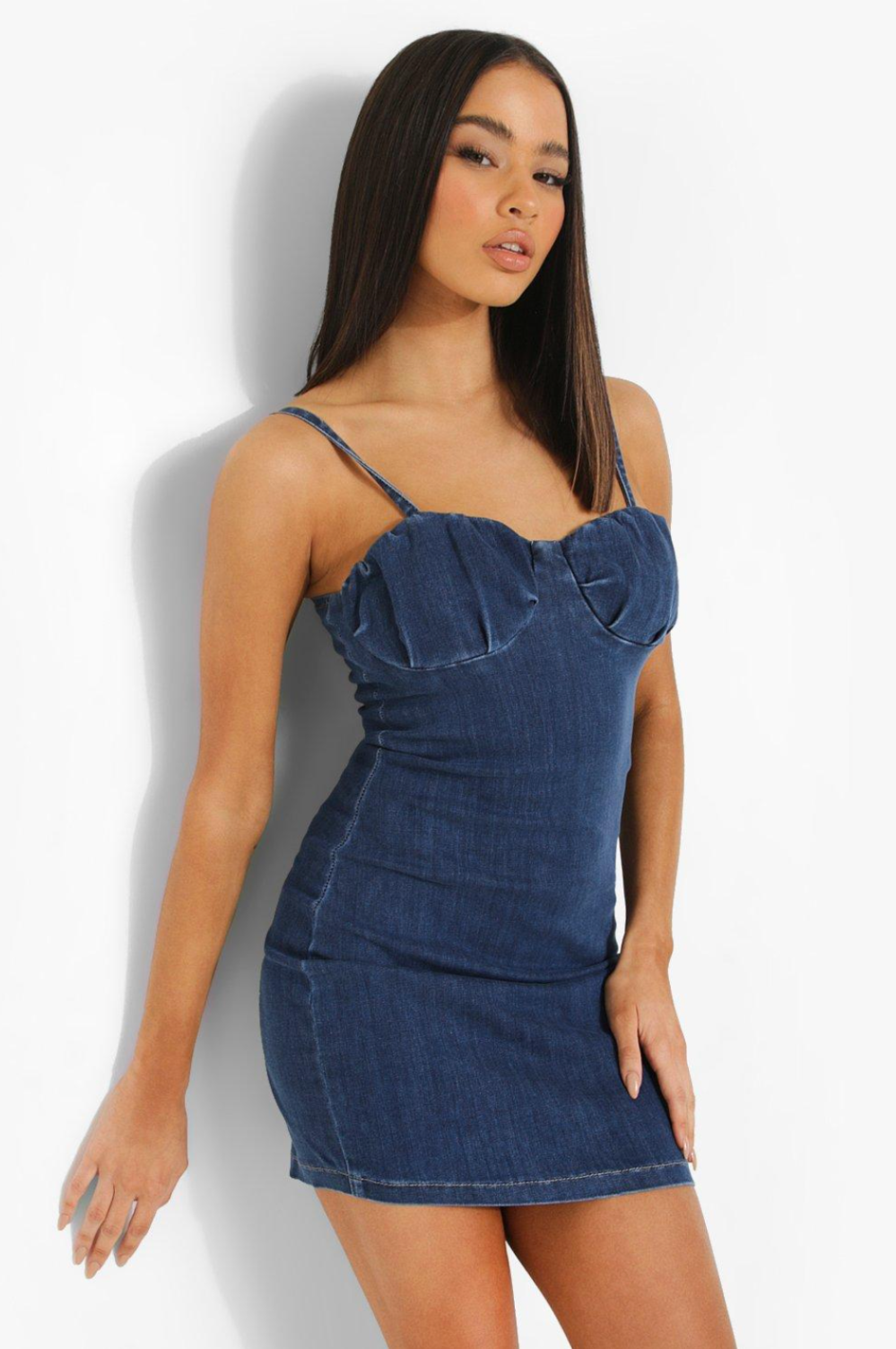 Ruched Cupped Strappy Denim Mini Dress