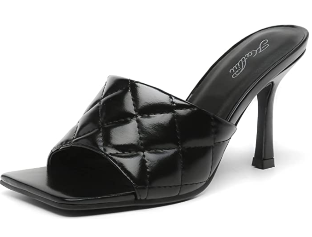 katliu Women's Square Open Toe Stiletto Heeled Mule Quilted High Heel Sandals