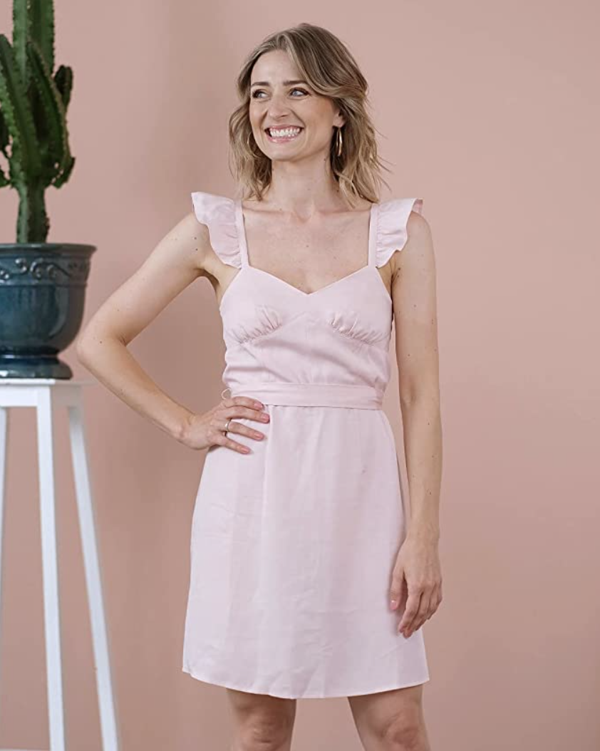 The Drop Women's Antique Rose Ruffle Shoulder Lined Mini Dress by @olesjaswelt