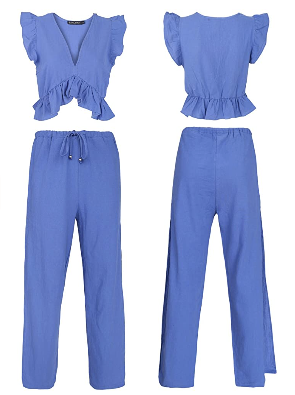 FANCYINN Women's 2 Piece Crop Top Side Slit Drawstring Wide Leg Pants Set