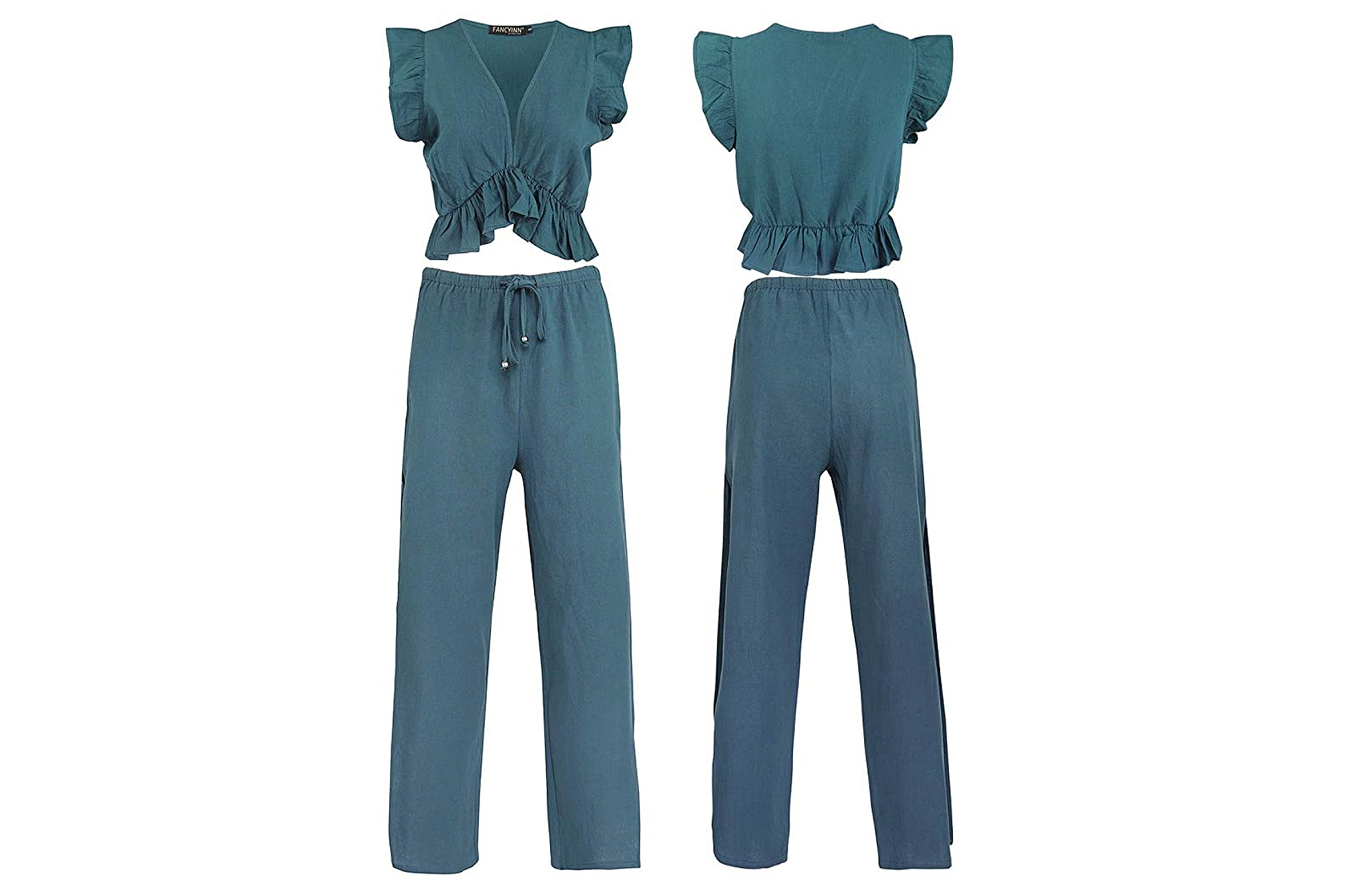 FANCYINN Women's 2 Piece Crop Top Side Slit Drawstring Wide Leg Pants Set