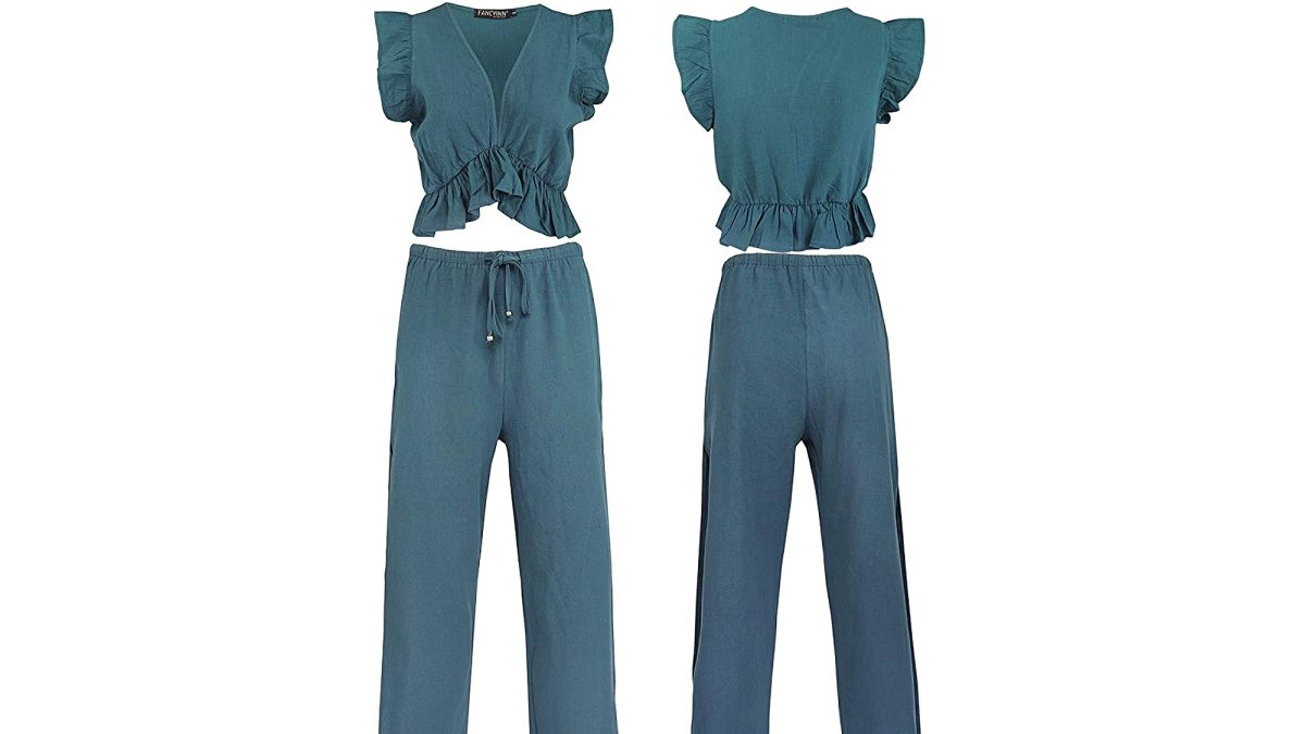 FANCYINN Women's 2 Piece Crop Top Side Slit Drawstring Wide Leg Pants Set