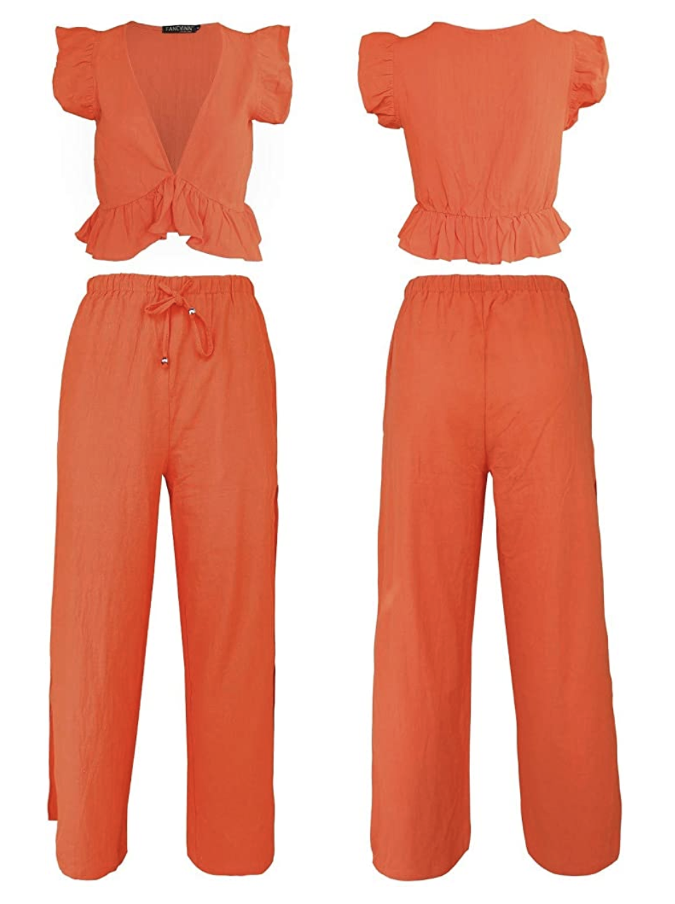 FANCYINN Women's 2 Piece Crop Top Side Slit Drawstring Wide Leg Pants Set