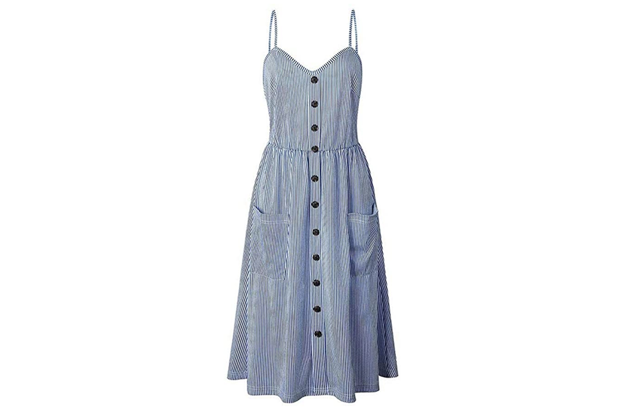 Halife Women's Summer Casual Spaghetti Strap Button Down Swing Midi Dress