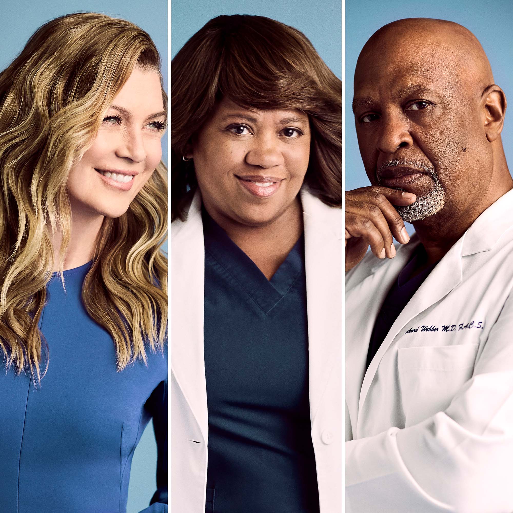 Character portraits (from left): Meredith Grey (played by Ellen Pomepo), Miranda Bailey (played by Chandra Wilson), and Richard Webber (played by James Pickens Jr.)