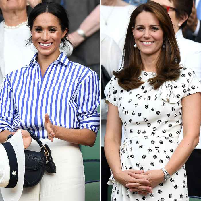 Meghan Markle and Duchess Kate Are ‘Closer Than Ever,' Working on Friendship striped shirt, white hat, white dress