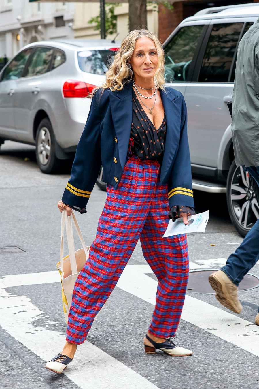 Playing With Prints See SJP Eclectic Ensemble SATC Reboot Sarah Jessica Parker Plaid Pants