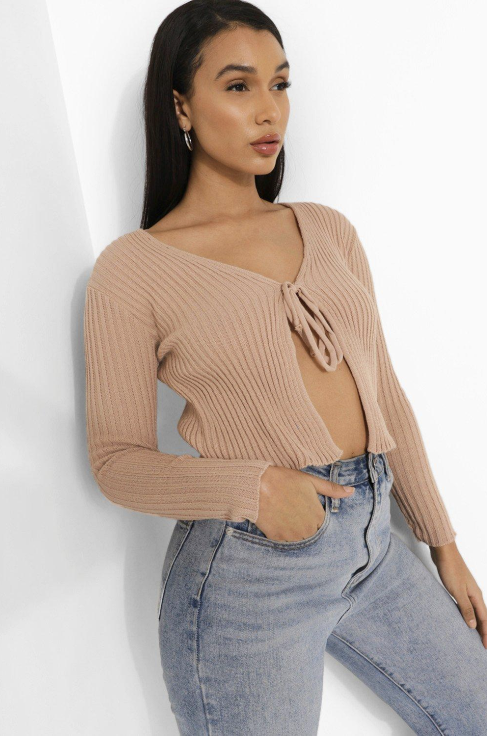 Rib Knit Tie Front Cropped Cardigan
