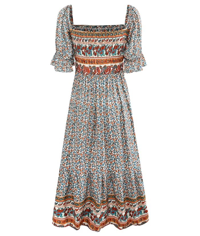 UIMLK Women's Summer Bohemian Square Neck Floral Print Ruffle Midi Dress