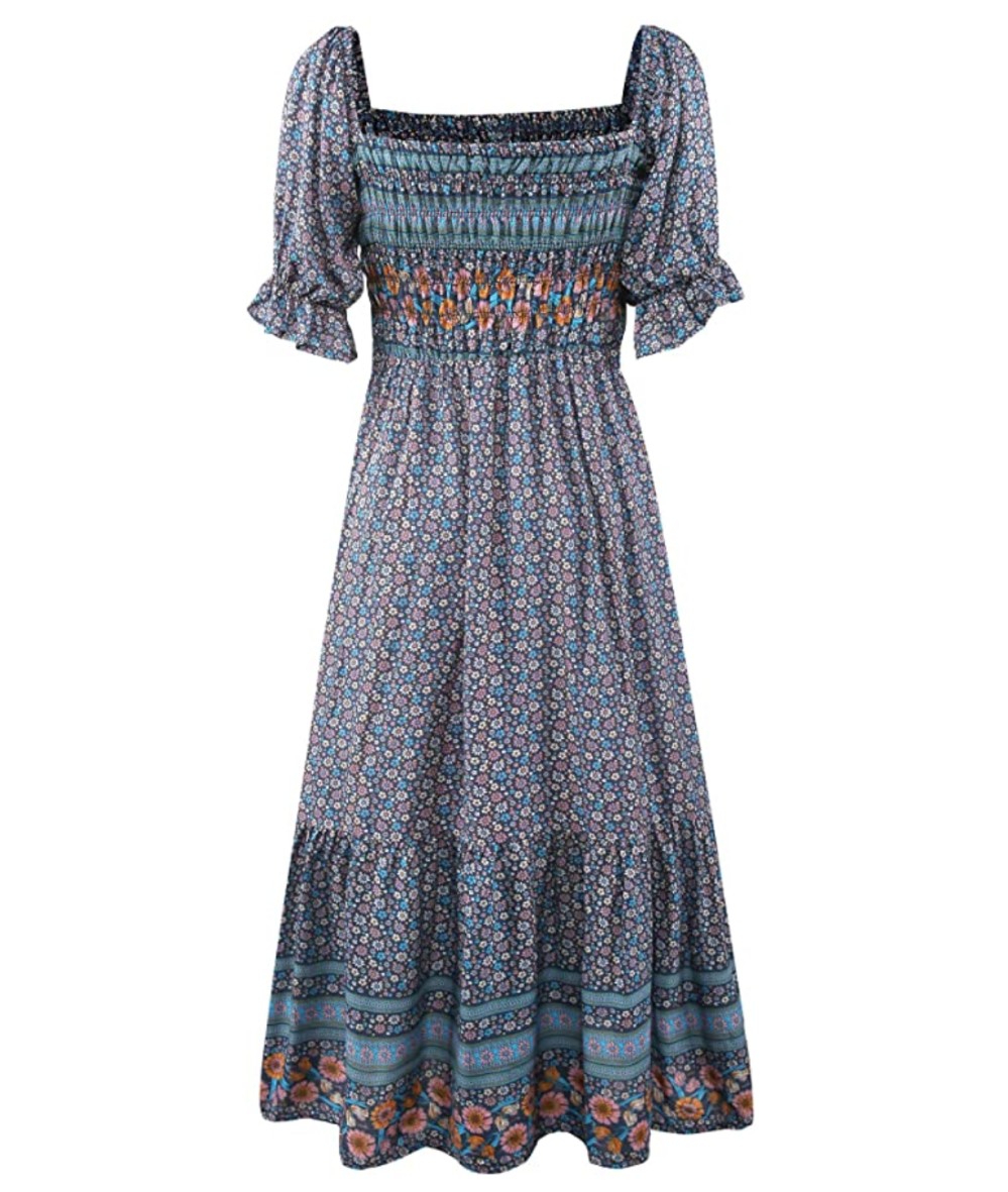 UIMLK Women's Summer Bohemian Square Neck Floral Print Ruffle Midi Dress