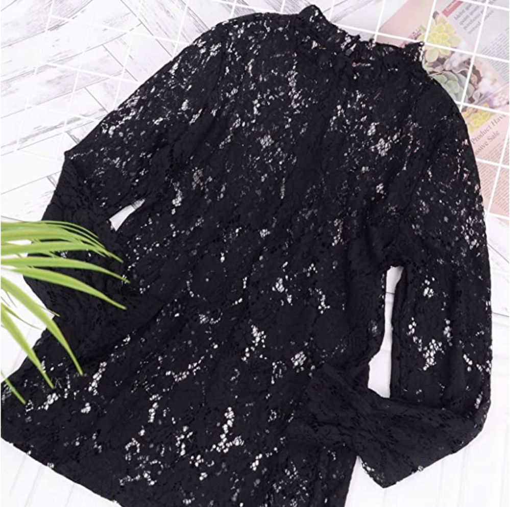 Anna-Kaci Women's Long Bell Sleeve Sheer Floral Lace Blouse