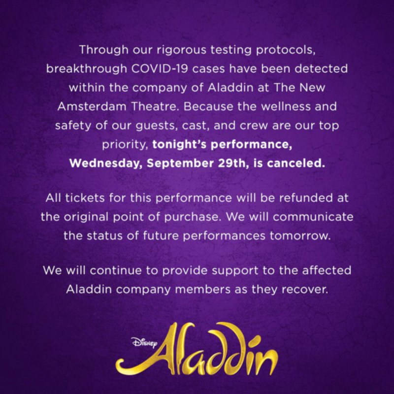 Broadways Aladdin Pauses Performances After Positive COVID 19 Test