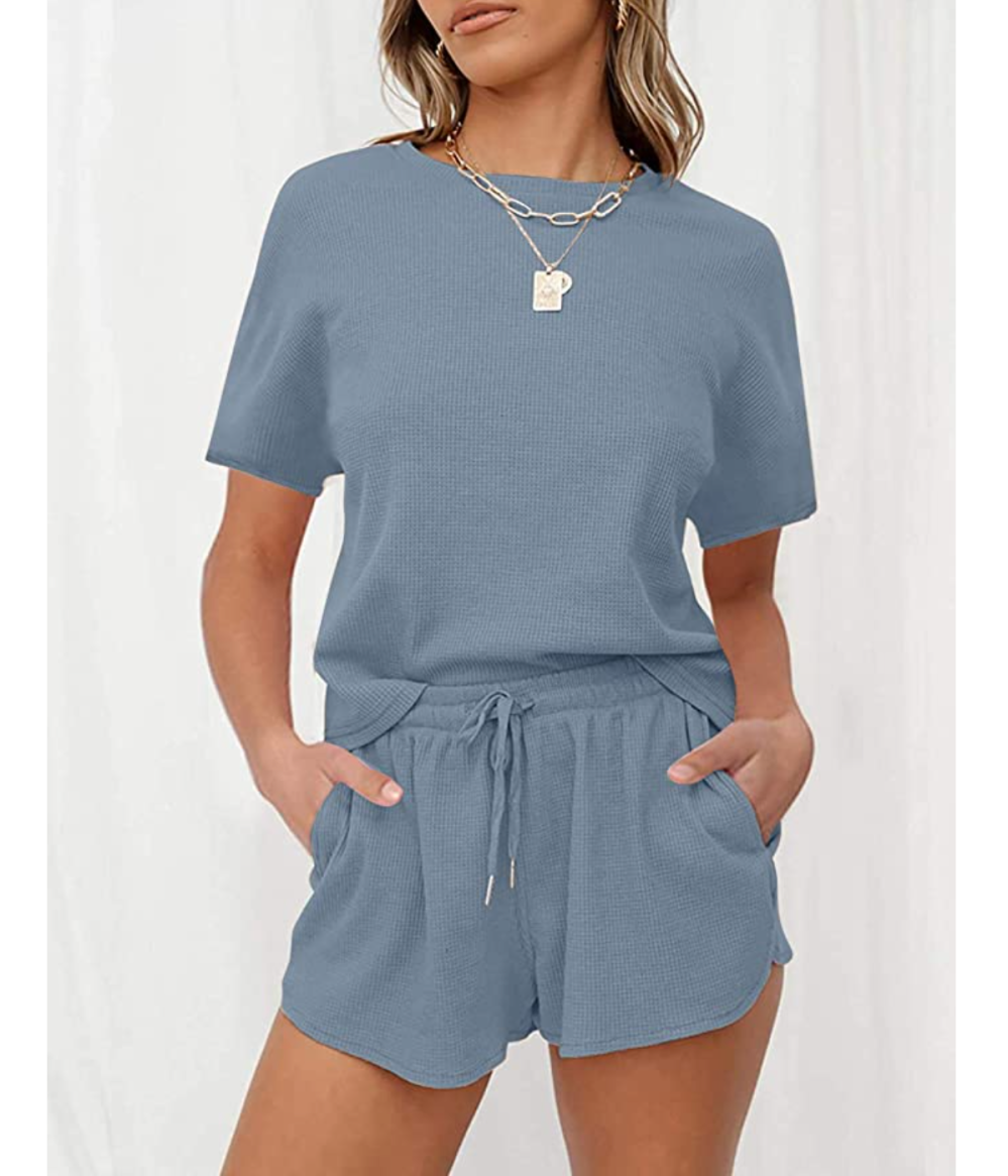 MEROKEETY Women's Short Sleeve Waffle Pajama Set
