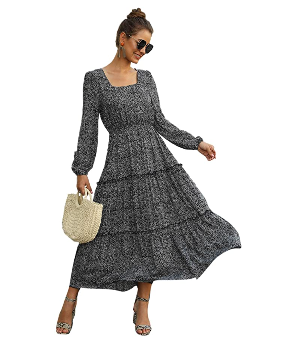 SweatyRocks Women's Long Sleeve Floral Print Chiffon Maxi Dress
