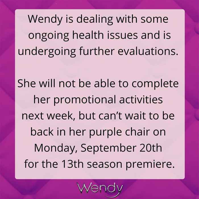 Wendy Williams Cancels Talk Show Promos Due to 'Ongoing Health Issues'