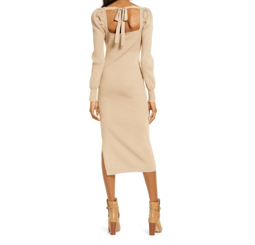 Charles Henry Square Neck Tie Back Puff Long Sleeve Sweater Dress