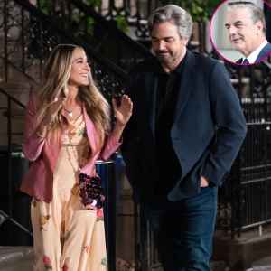 Sex and the City SATC And Just Like That Carrie Kissing New Man Sarah Jessica Parker Jon Tenney Promo