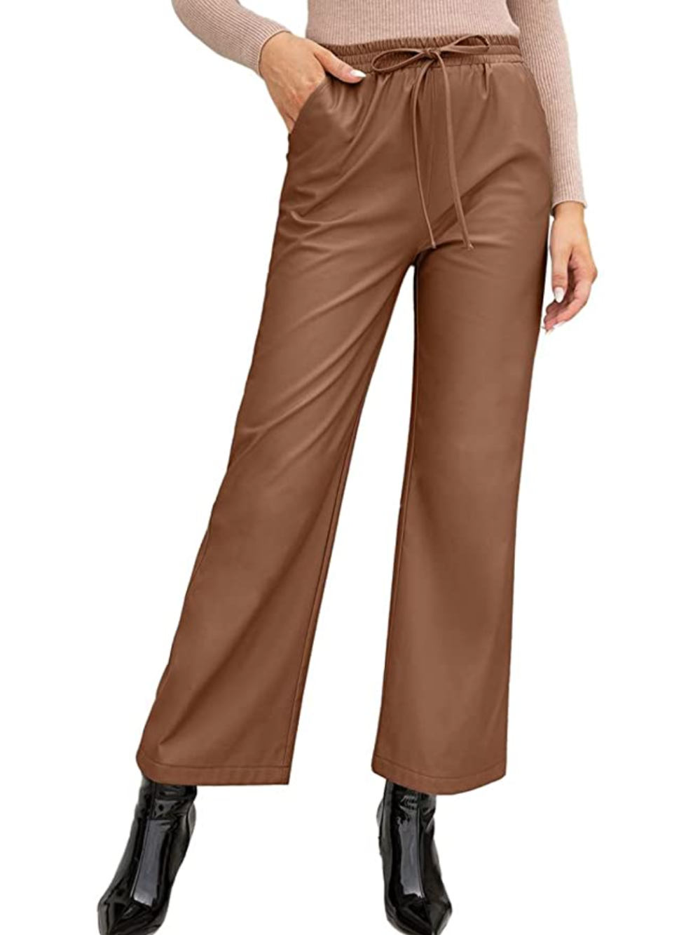 TAMEYA Women's High Waisted Straight Wide Leg Faux Leather Pants