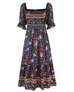 UIMLK Women's Square Neck Floral Midi Boho Dress