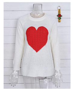 shermie Women's Pullover Long Sleeve Crewneck Heart Knit Sweater