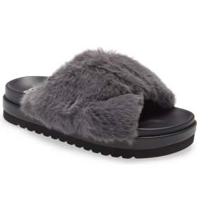 BP. Zoe Cross Band Faux Fur Slide Sandal