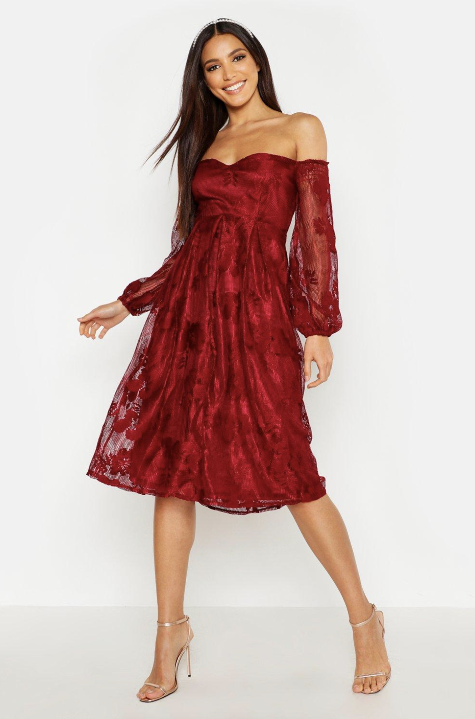 Boutique Lace Off The Shoulder Midi Bridesmaid Dress
