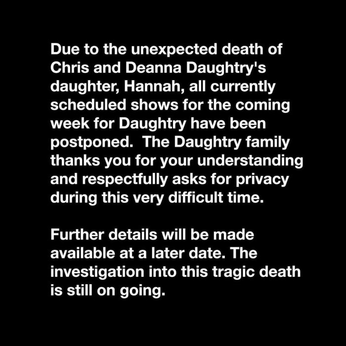 Chris Daughtry Postpones Upcoming Concerts After 'Unexpected' Death of His Daughter