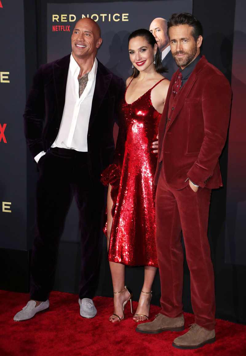 Color Coordinated Costars Gal Gadot Ryan Reynolds and Dwayne The Rock Johnson Match at Red Notice Premiere 01