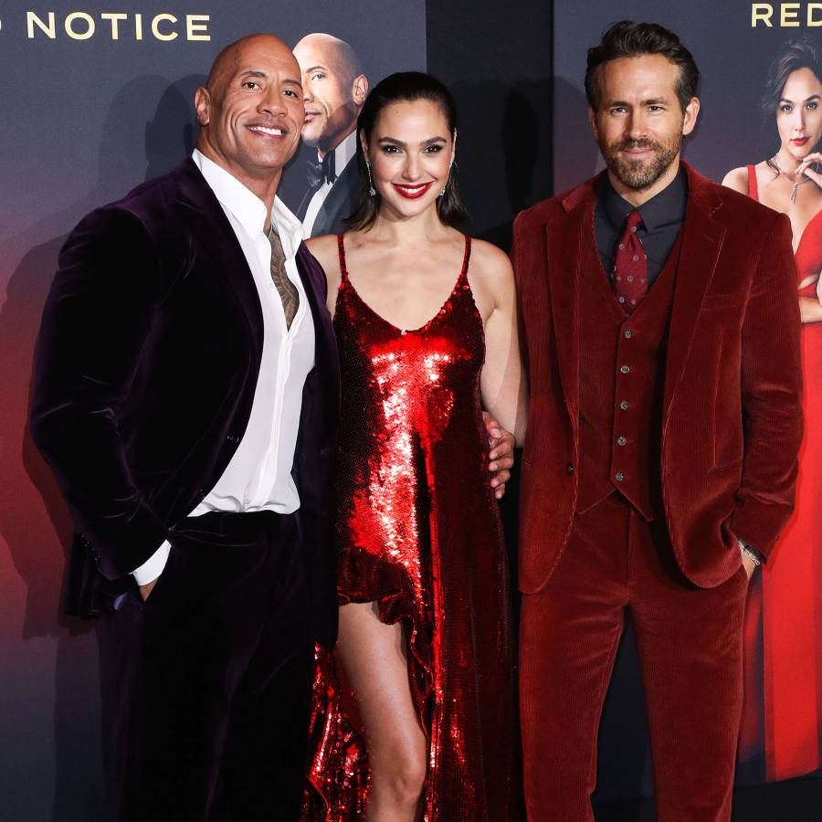 Color Coordinated Costars Gal Gadot Ryan Reynolds and Dwayne The Rock Johnson Match at Red Notice Premiere 03