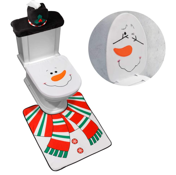 D-FantiX 4-Piece Snowman Santa Toilet Seat Cover and Rug Set