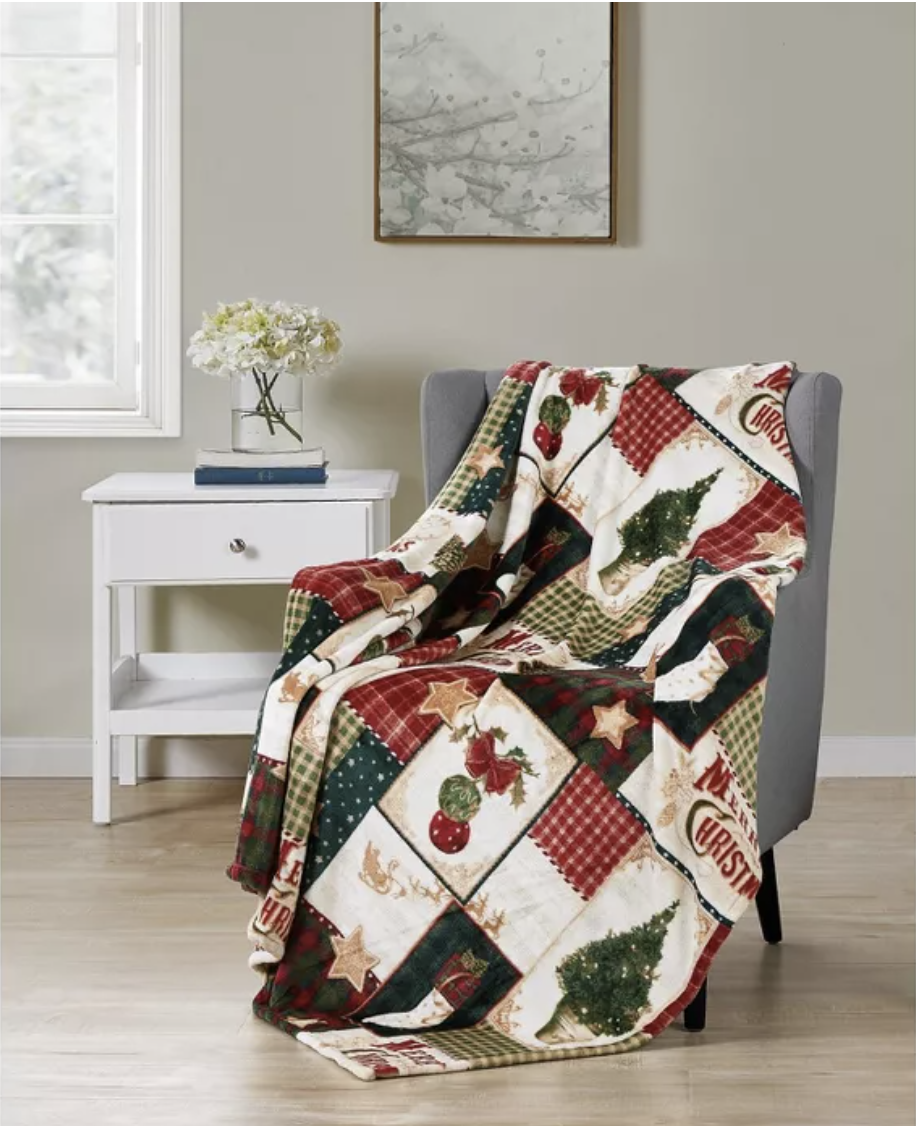 Kate Aurora Ultra Plush Merry Christmas Plaid Farmhouse Hypoallergenic Fleece Throw Blanket