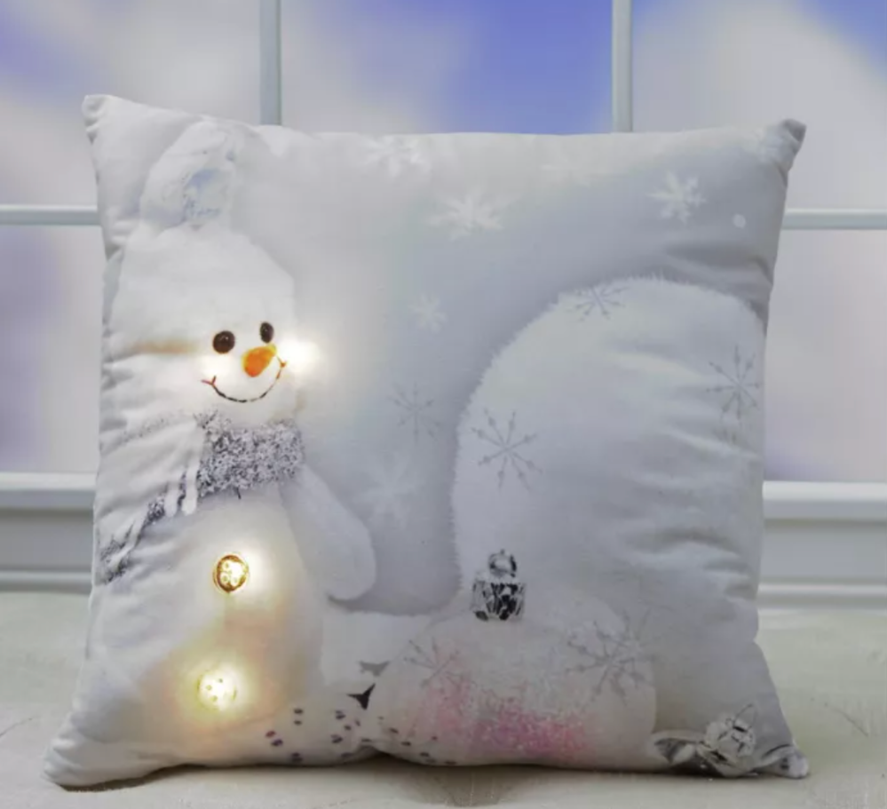 Lakeside Holiday Snowman Print Lighted Accent Pillow