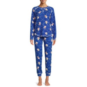 Muk Luks Women's and Women's Plus Long Sleeve Top and Pants Eye Mask, 2-Piece Pajama Set